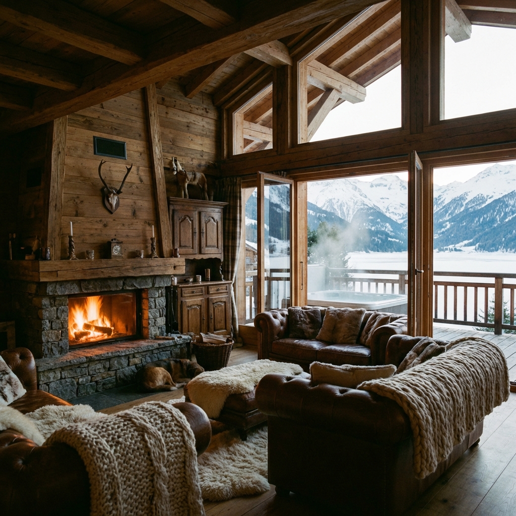 Salon d’un chalet avec vue sur les montagnes