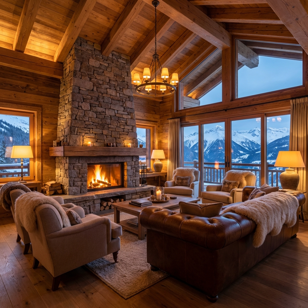 Intérieur chaleureux d'un chalet de luxe avec vue sur les Alpes